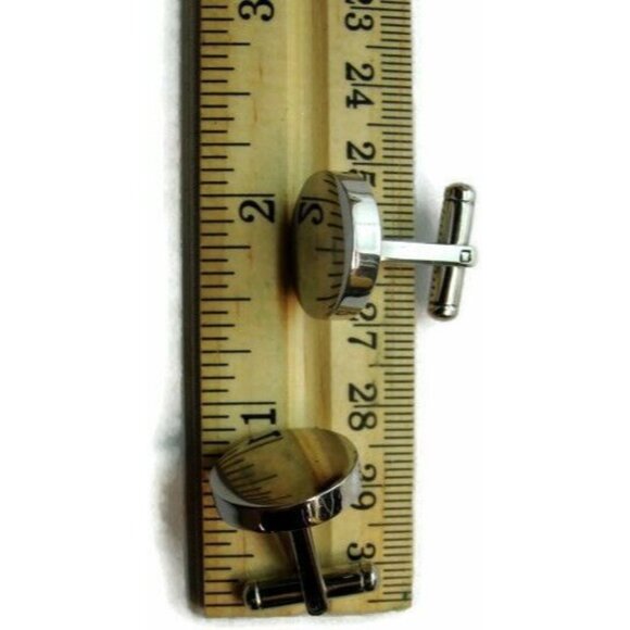 Smooth Flat Cuff Link Engraveable Bullet Black Round Silver Tone Men Cufflinks - Picture 8 of 8